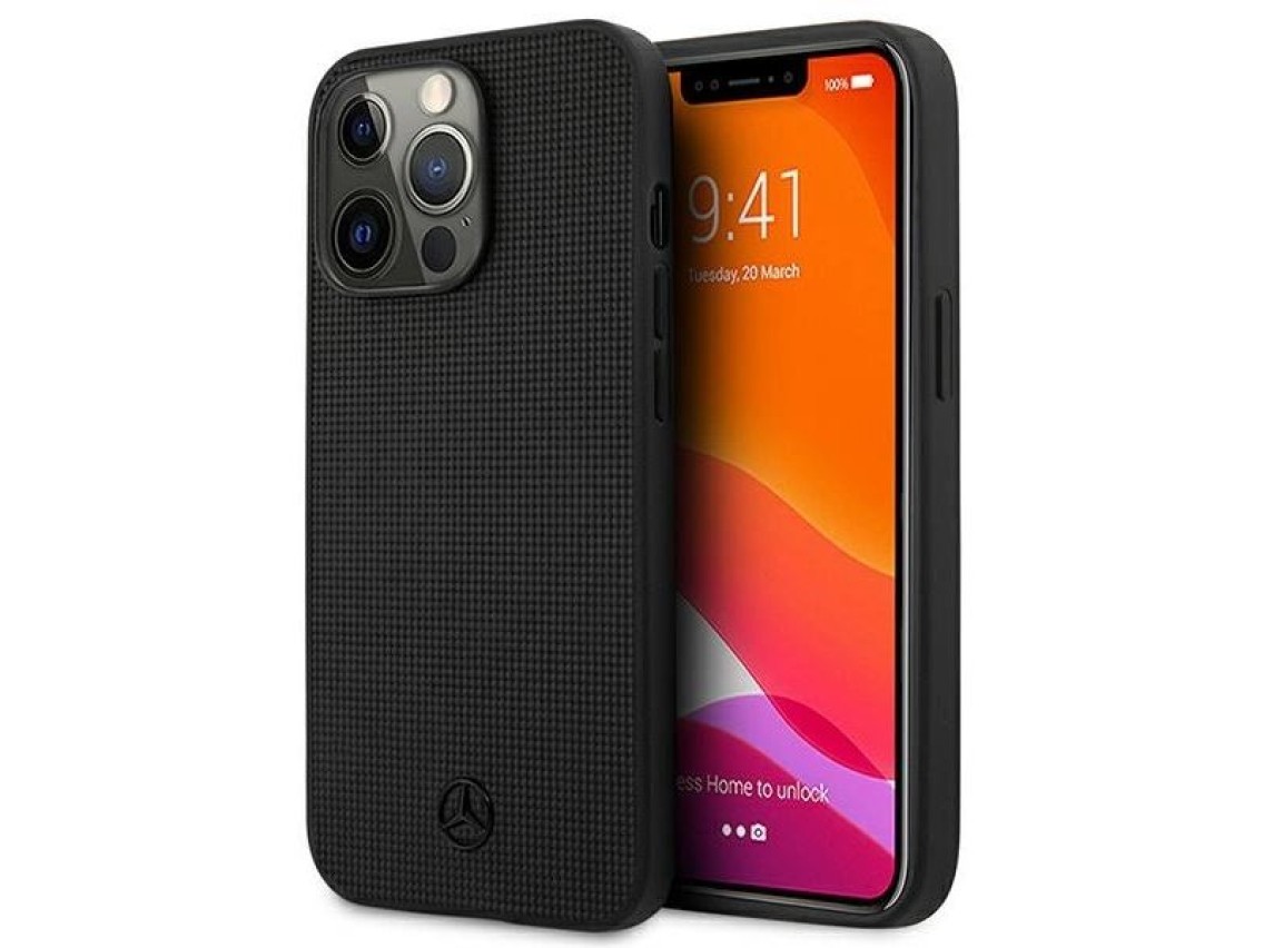 Capa Mercedes em couro com detalhes em metal e logo para iPhone 13 Pro / iPhone 13 - Preta