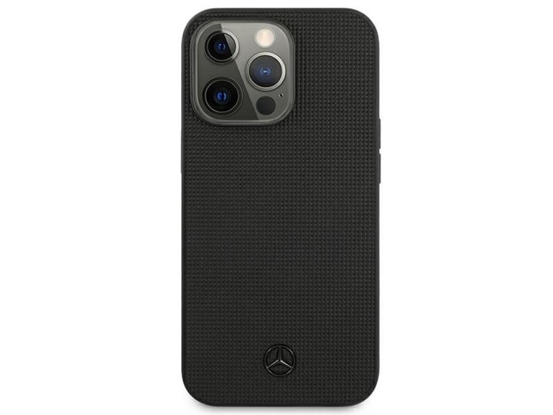 Capa Mercedes em couro com detalhes em metal e logo para iPhone 13 Pro / iPhone 13 - Preta