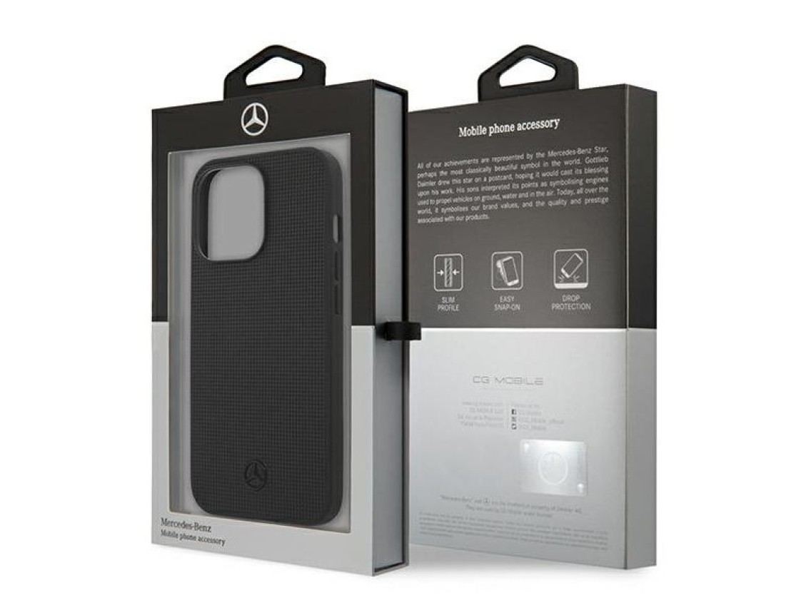 Capa Mercedes em couro com detalhes em metal e logo para iPhone 13 Pro / iPhone 13 - Preta