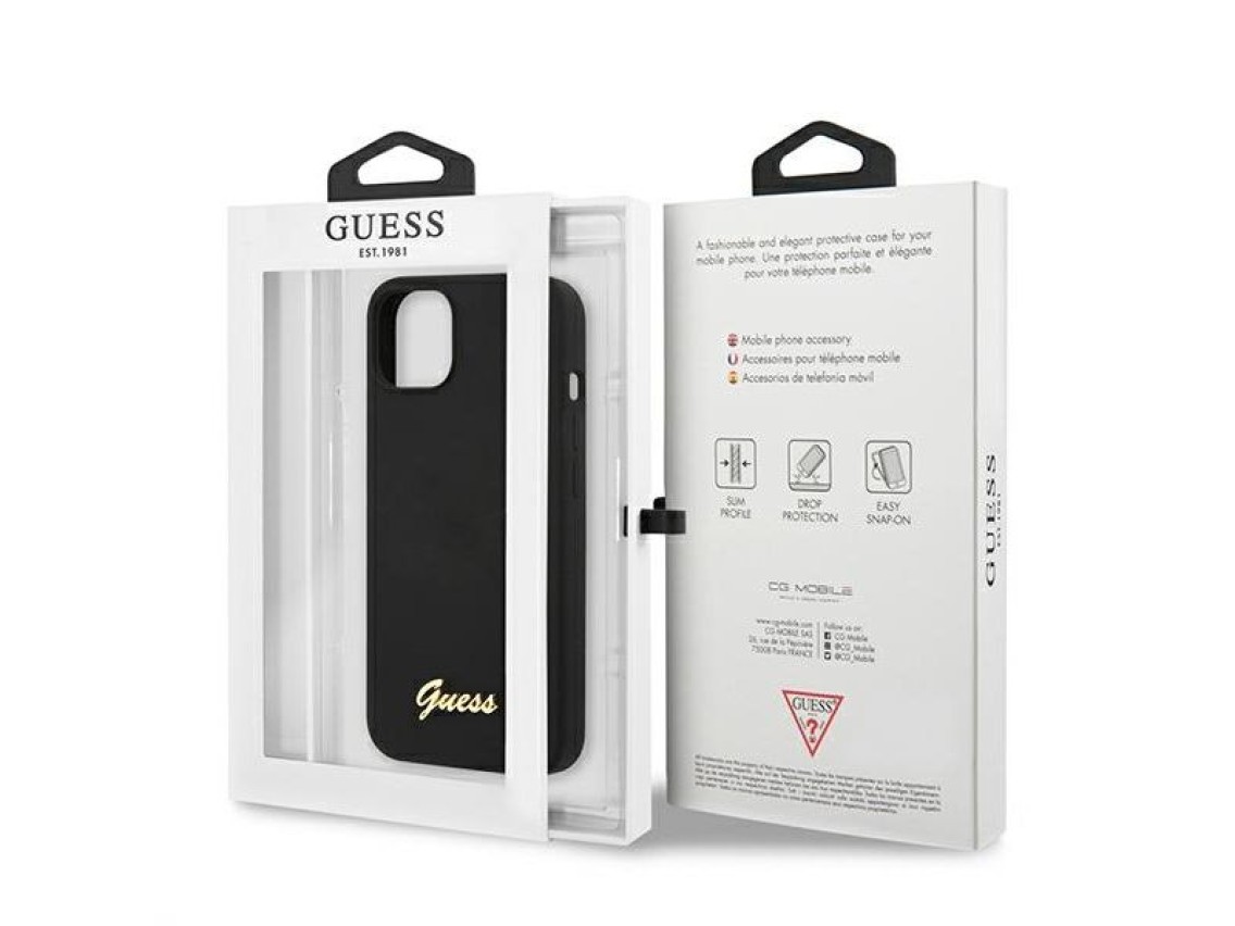 Capa rígida preta/preta Guess GUHMP13MLSLMGBK para iPhone 13 de 6,1 polegadas com logotipo dourado e