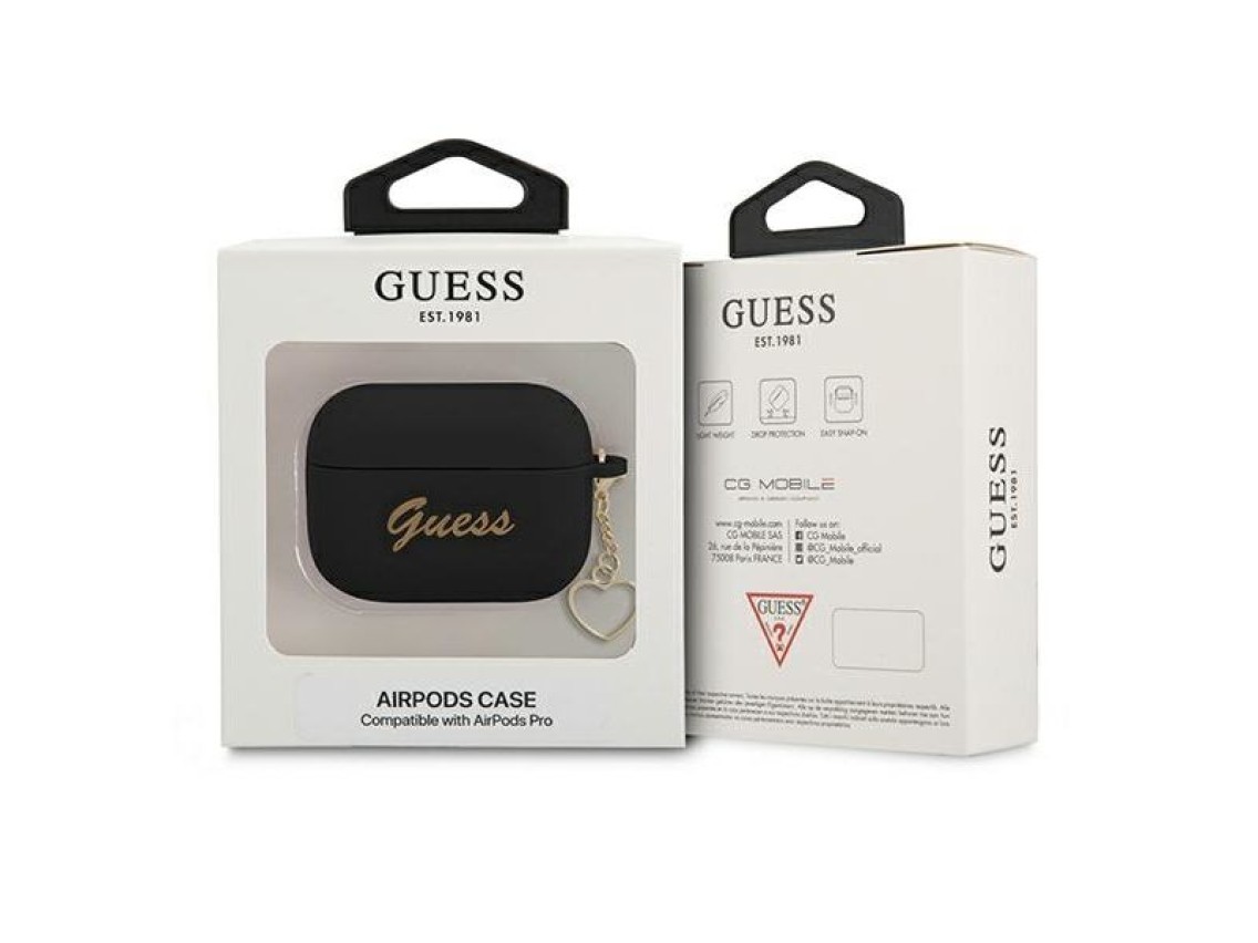 Capa para AirPods Pro Guess GUAPLSCHSK, preta/preta, em silicone, com pingente de coração.