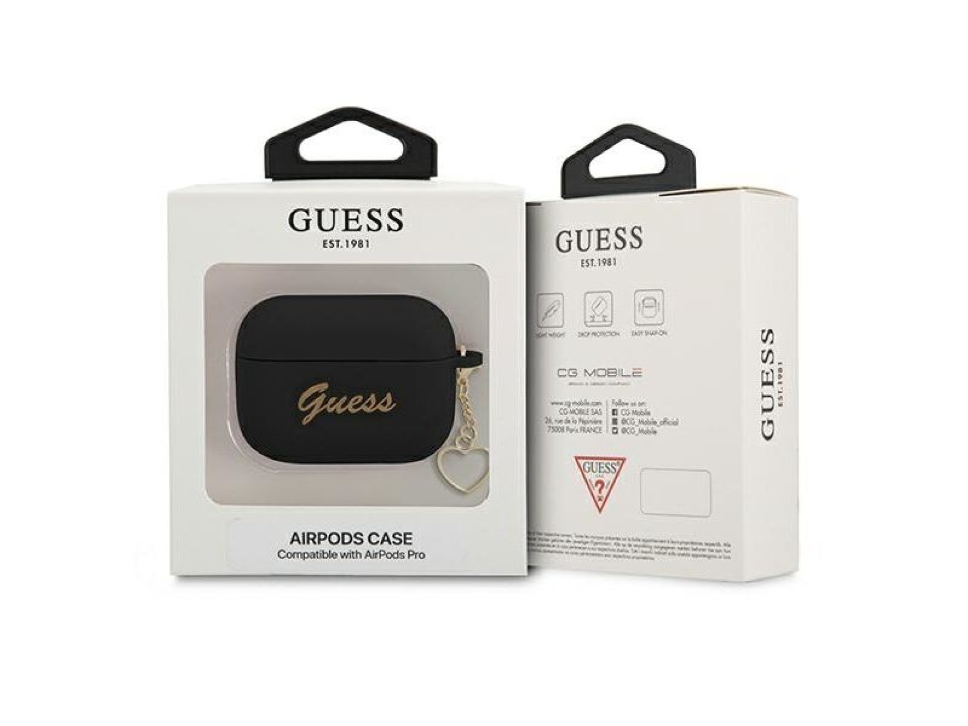 Capa para AirPods Pro Guess GUAPLSCHSK, preta/preta, em silicone, com pingente de coração.
