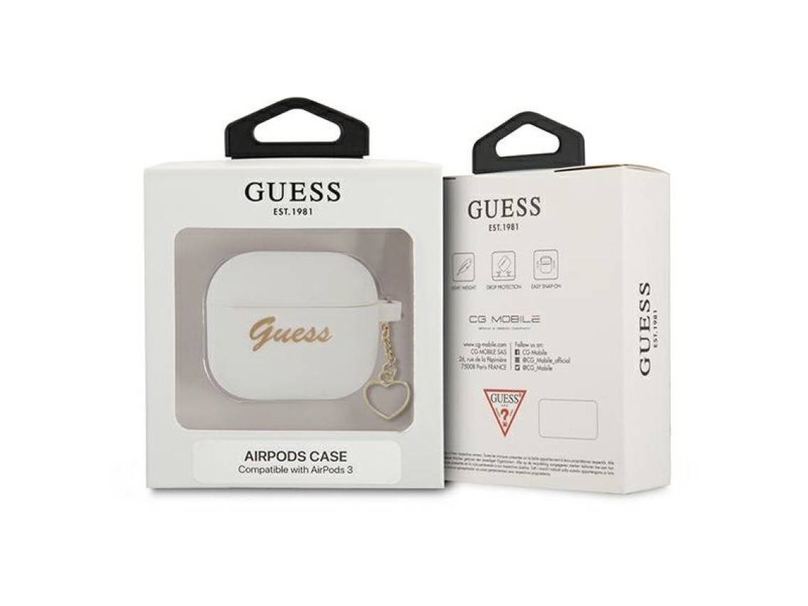 Capa Guess GUA3LSCHSH para AirPods 3, branca/branca, em silicone, com pingente de coração.