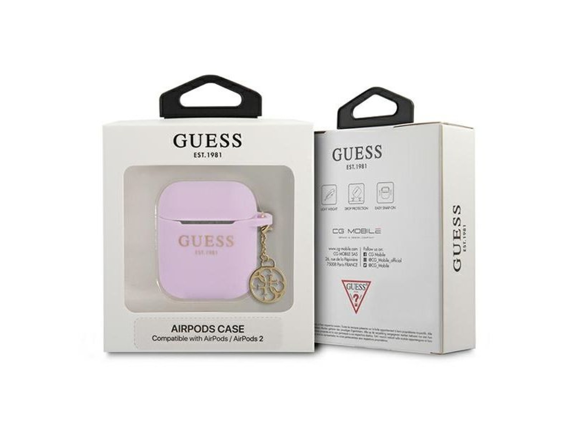 Capa para AirPods 1/2 Guess GUA2LSC4EU, roxa/com pingente de silicone roxo, coleção 4G