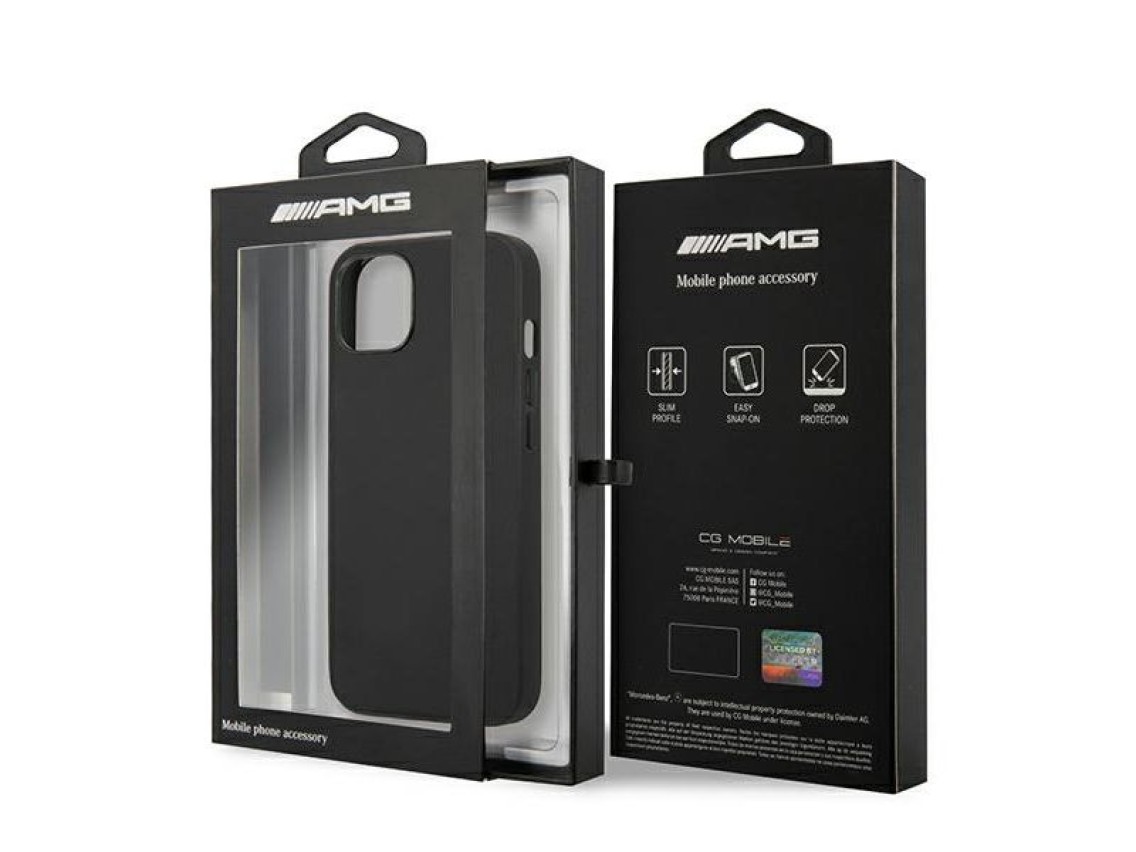 AMG AMHCP14SDOLBK iPhone 14 6.1" negro / funda rígida de cuero negro con estampado en caliente