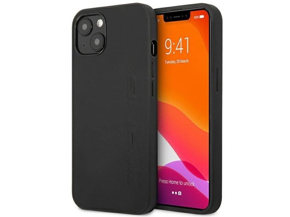 Capa rígida preta AMG AMHCP14MDOLBK para iPhone 14 Plus 6.7" em couro com gravação a quente.