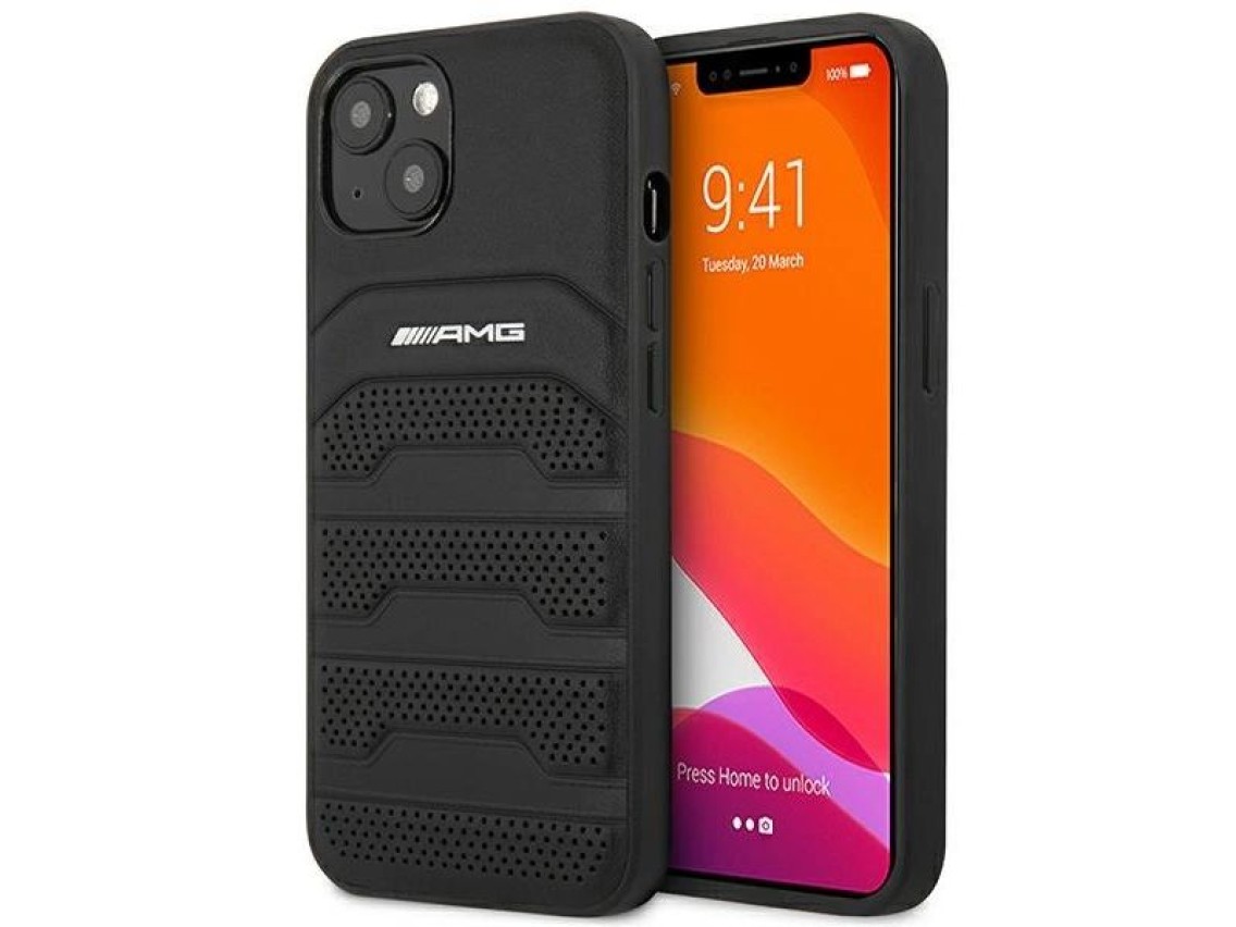 Capa rígida de couro preta AMG AMHCP14MGSEBK para iPhone 14 Plus 6,7" com linhas em relevo.