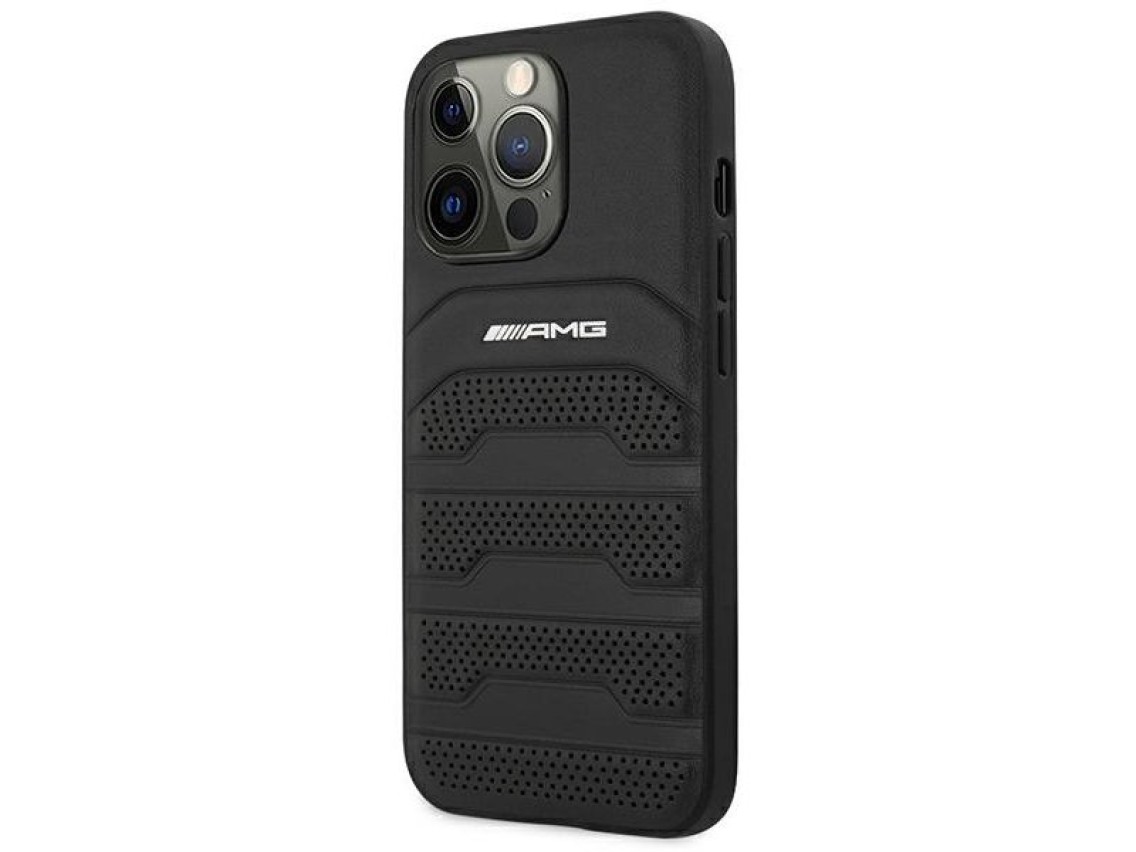 AMG AMHCP14LGSEBK iPhone 14 Pro 6.1" negro / funda rígida negra de cuero con líneas grabadas en reli