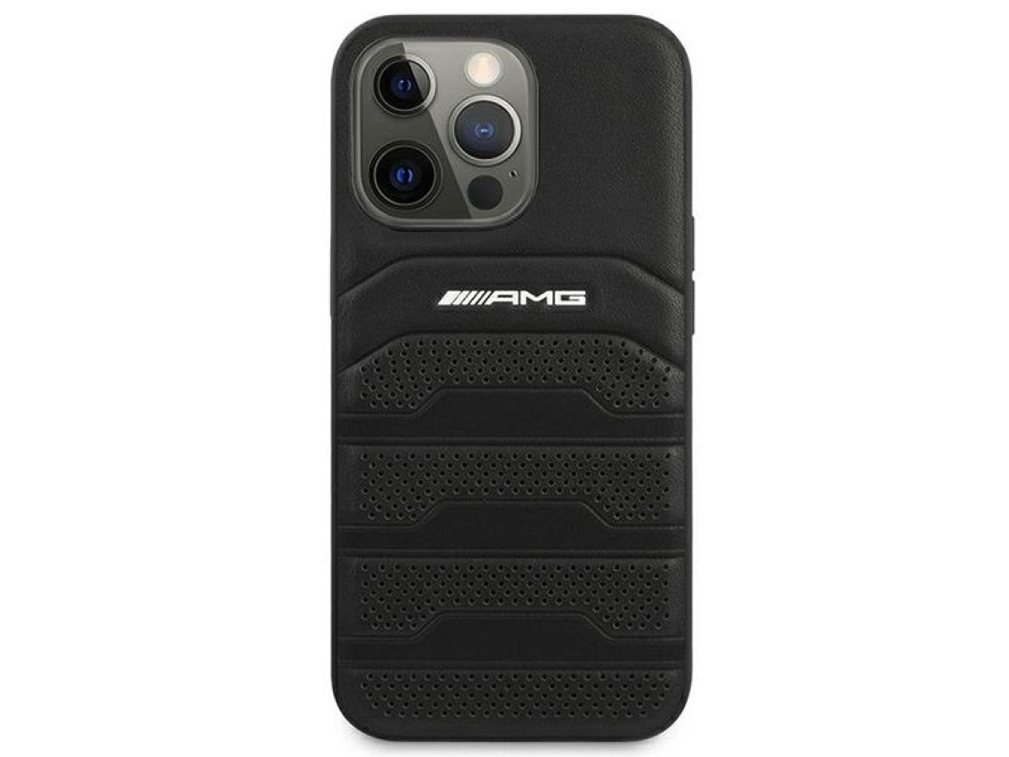 AMG AMHCP14LGSEBK iPhone 14 Pro 6.1" negro / funda rígida negra de cuero con líneas grabadas en reli