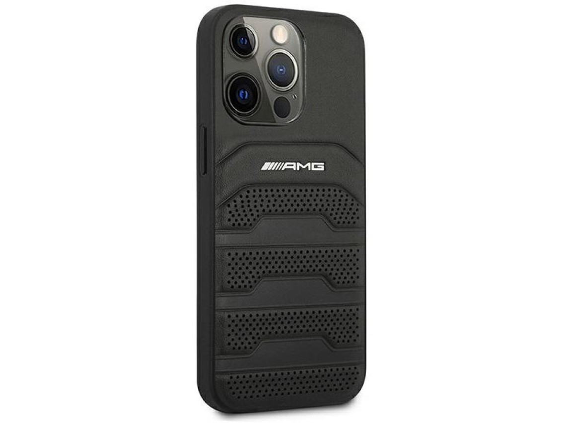 AMG AMHCP14LGSEBK iPhone 14 Pro 6.1" negro / funda rígida negra de cuero con líneas grabadas en reli