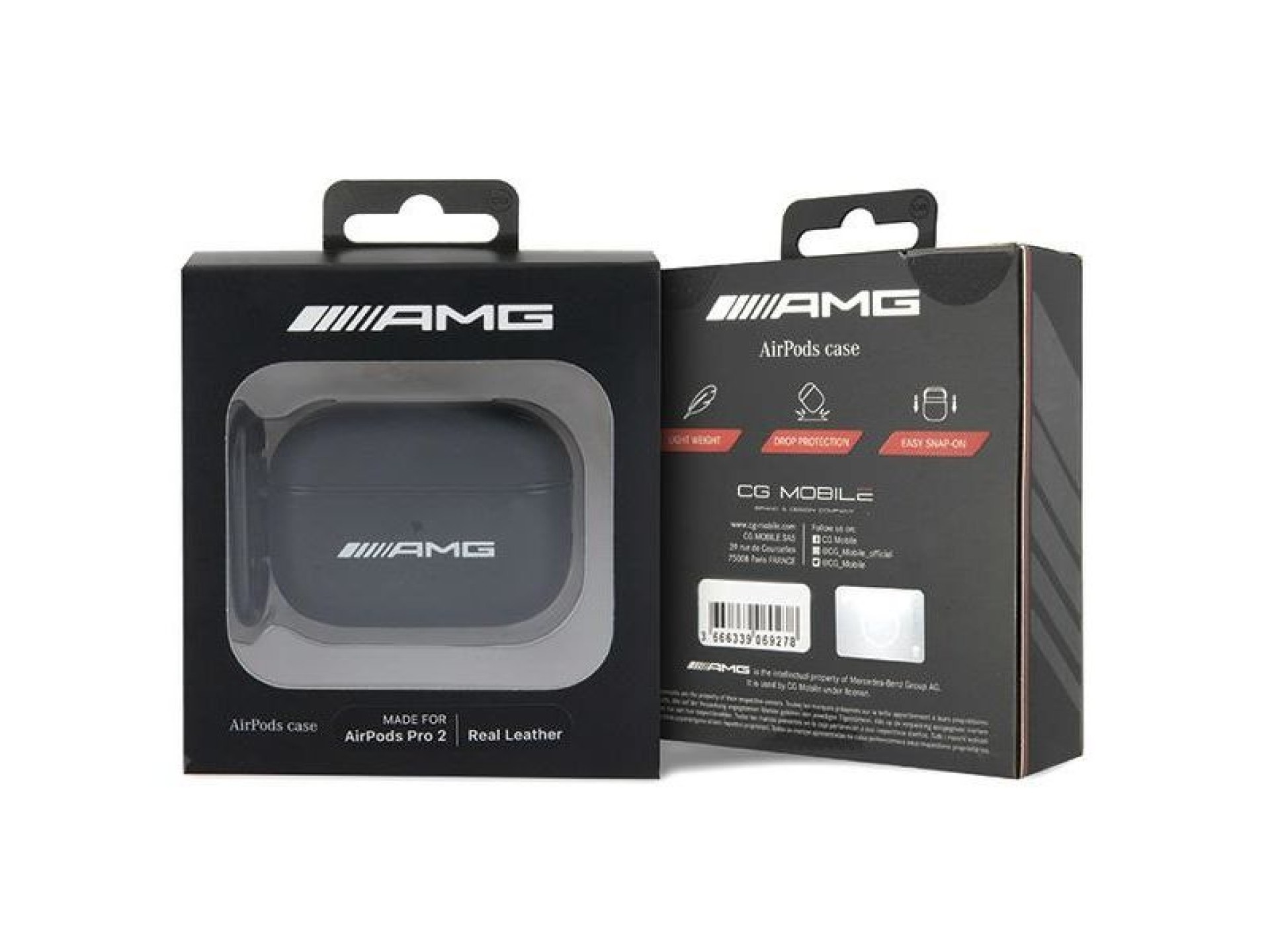 Funda AMG AMAP2SLWK para AirPods Pro 2 (2022/2023) en cuero negro/negro con logo blanco.