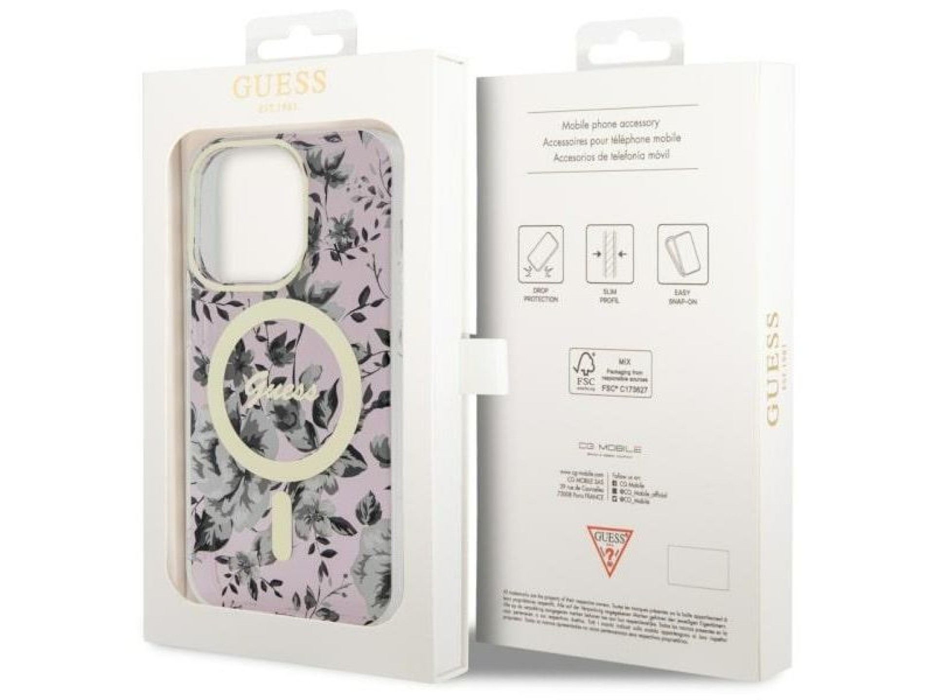 Capa rígida rosa com estampa floral MagSafe Guess GUHMP14XHCFWSP para iPhone 14 Pro Max 6.7