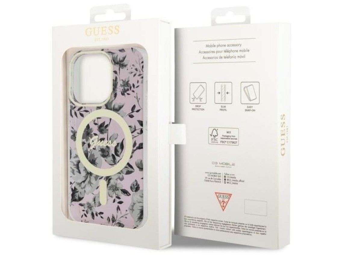 Capa rígida rosa com estampa floral MagSafe Guess GUHMP14XHCFWSP para iPhone 14 Pro Max 6.7"