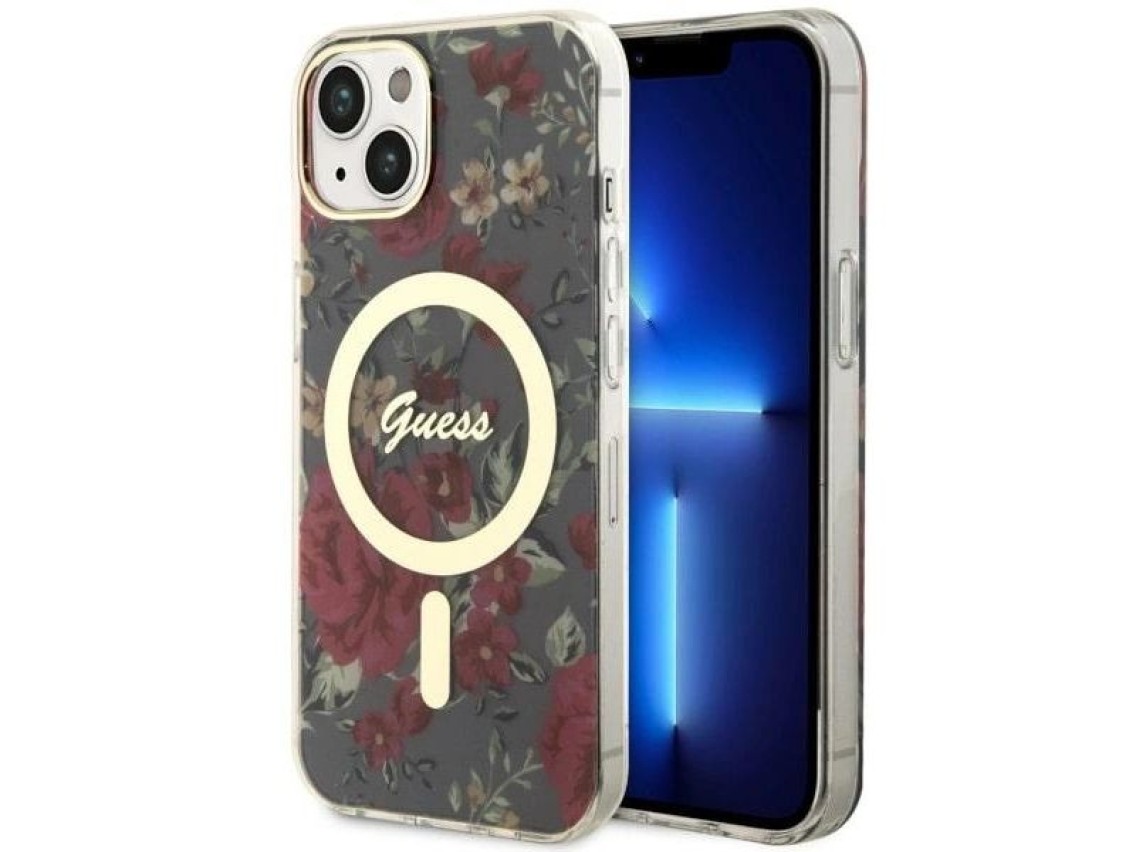 Capa rígida Guess GUHMP14MHCFWSA para iPhone 14 Plus 6.7" verde/cáqui com estampa floral e MagSafe.