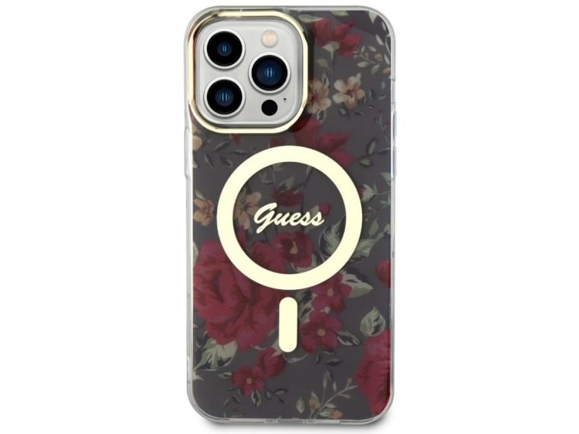 Funda rígida Guess GUHMP14XHCFWSA para iPhone 14 Pro Max de 6,7" en color verde/caqui con diseño flo