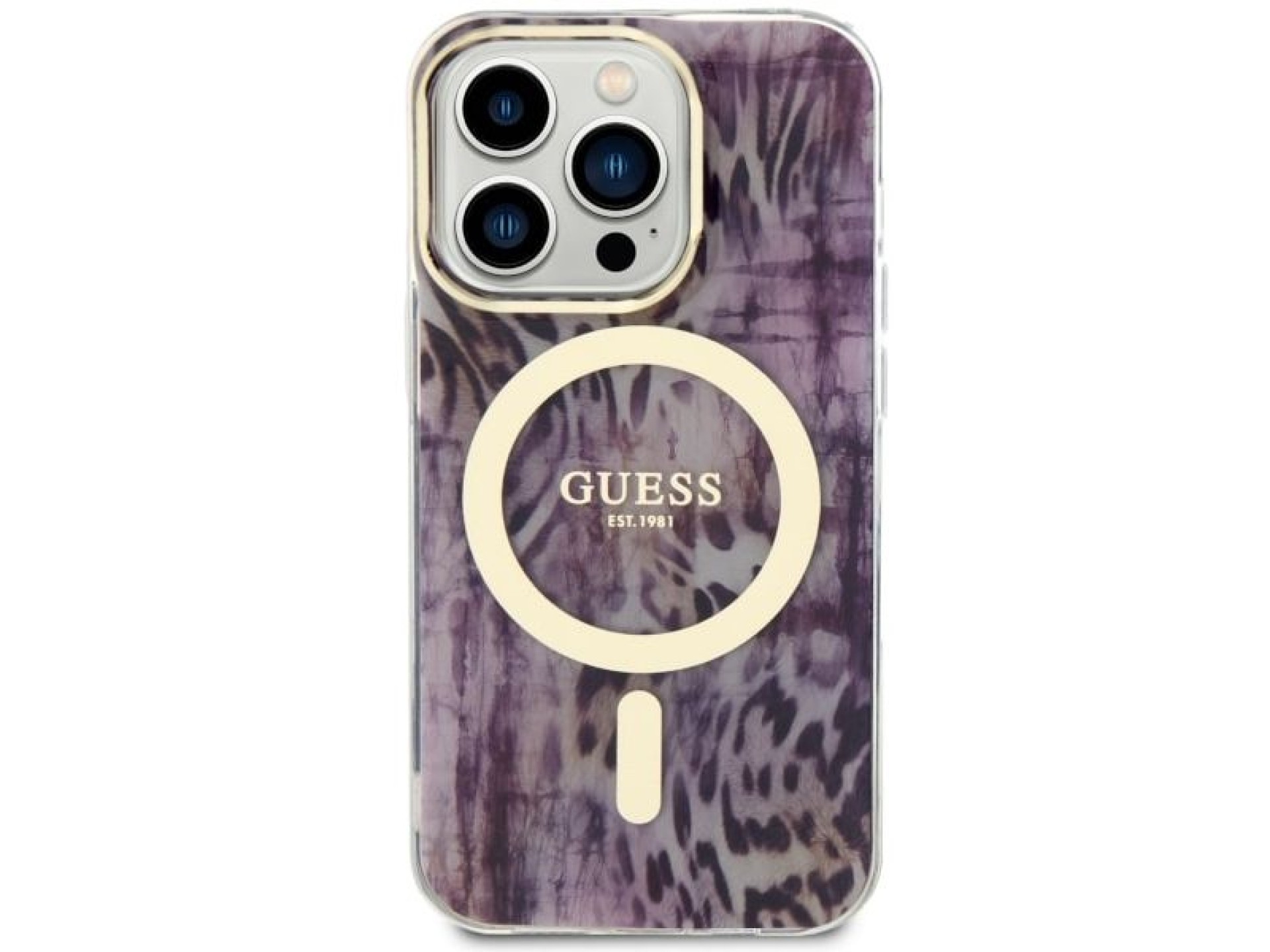 Capa rígida rosa/rosa com estampa de leopardo e MagSafe para iPhone 14 Pro de 6,1 polegadas (Guess G