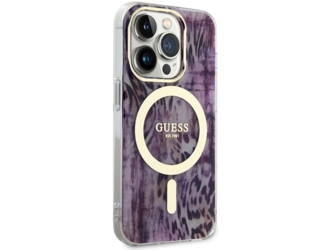 Capa rígida rosa/rosa com estampa de leopardo e MagSafe para iPhone 14 Pro de 6,1 polegadas (Guess G