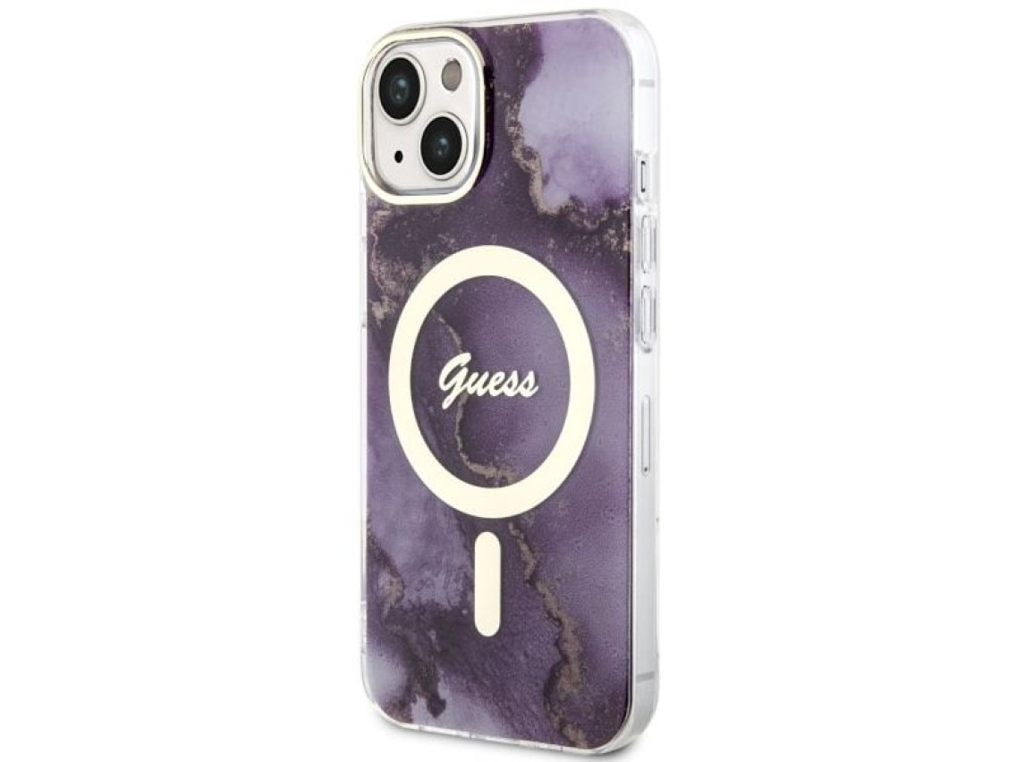 Funda rígida Guess GUHMP14SHTMRSU para iPhone 14 de 6,1" color morado/morado con diseño de mármol do