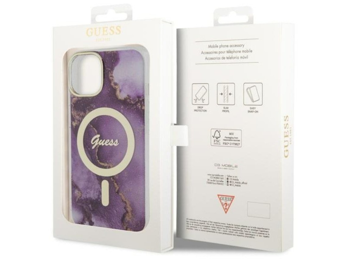 Funda rígida Guess GUHMP14SHTMRSU para iPhone 14 de 6,1" color morado/morado con diseño de mármol do