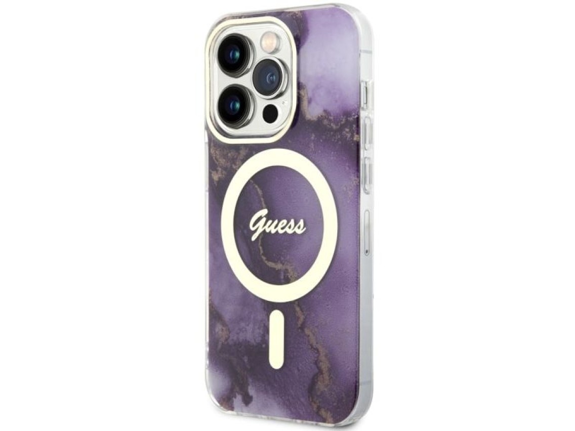 Funda rígida Guess GUHMP14LHTMRSU para iPhone 14 Pro de 6,1" color morado/morado con diseño de mármo