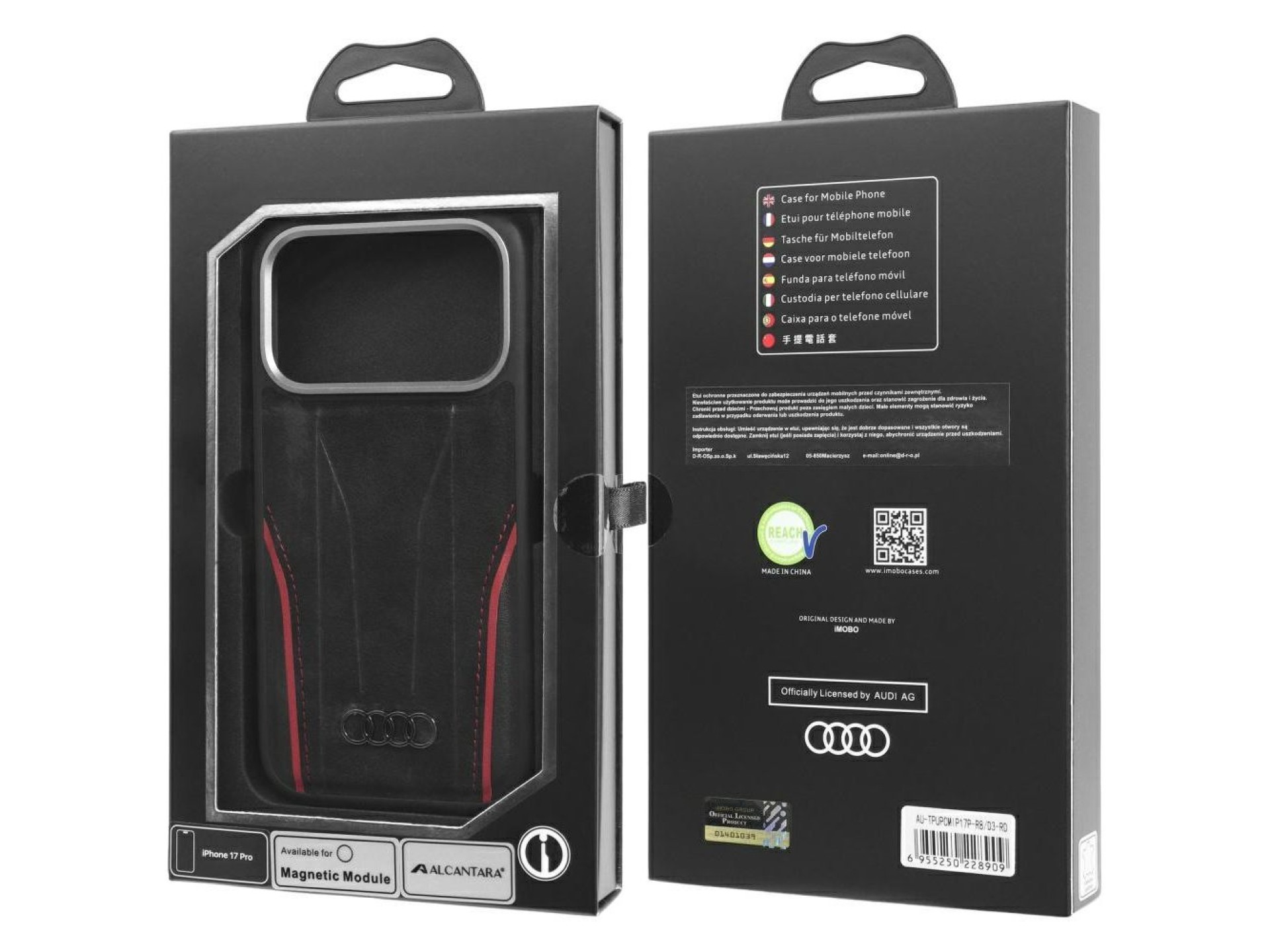 Audi R8 Genuine Leather MagSafe Case for iPhone 17 Pro - Black and Red