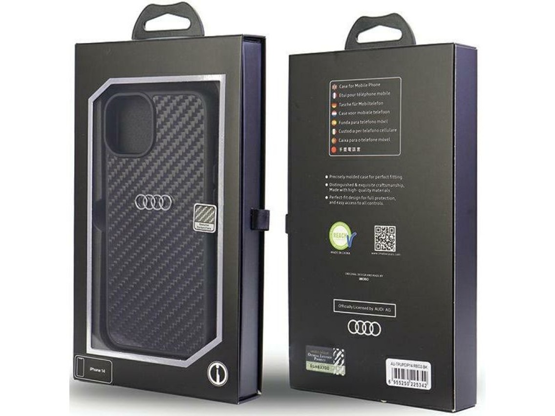 Capa rígida Audi em fibra de carbono para iPhone 14 de 6,1" preta/preta AU-TPUPPCIP14-R8/D2-BK