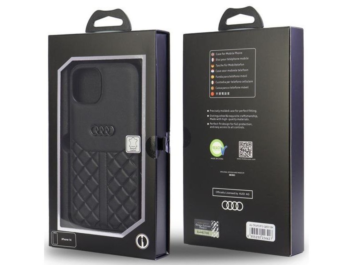 Capa rígida Audi em couro genuíno para iPhone 12/12 Pro de 6,1" preta/preta AU-TPUPCIP12P-Q8/D1-BK