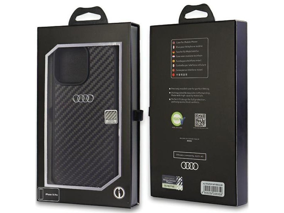 Funda rígida Audi de fibra de carbono para iPhone 14 Pro de 6,1" en color negro/negro AU-TPUPCIP14P-