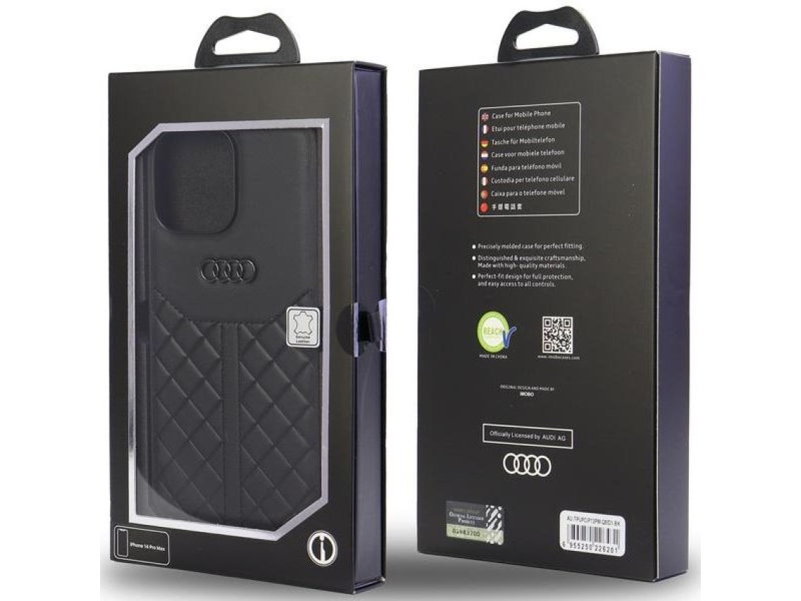 Capa rígida Audi em couro genuíno para iPhone 13 Pro Max 6.7" preta/preta AU-TPUPPCIP13PM-Q8/D1-BK