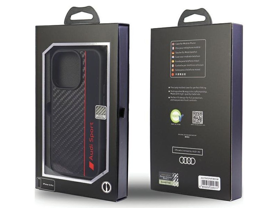 Funda rígida Audi para iPhone 13 Pro Max de 6,7" con franja de fibra de carbono, color negro/negro (