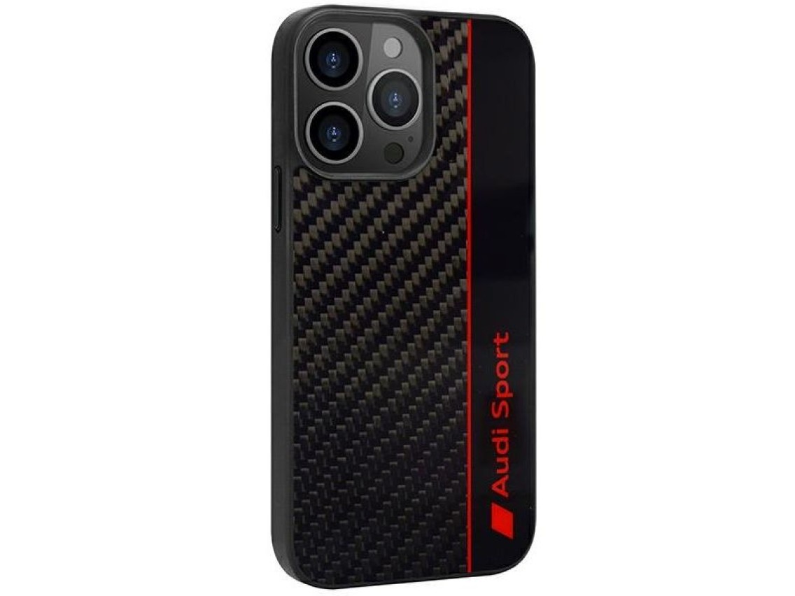 Funda rígida Audi para iPhone 13 Pro Max de 6,7" con franja de fibra de carbono, color negro/negro (