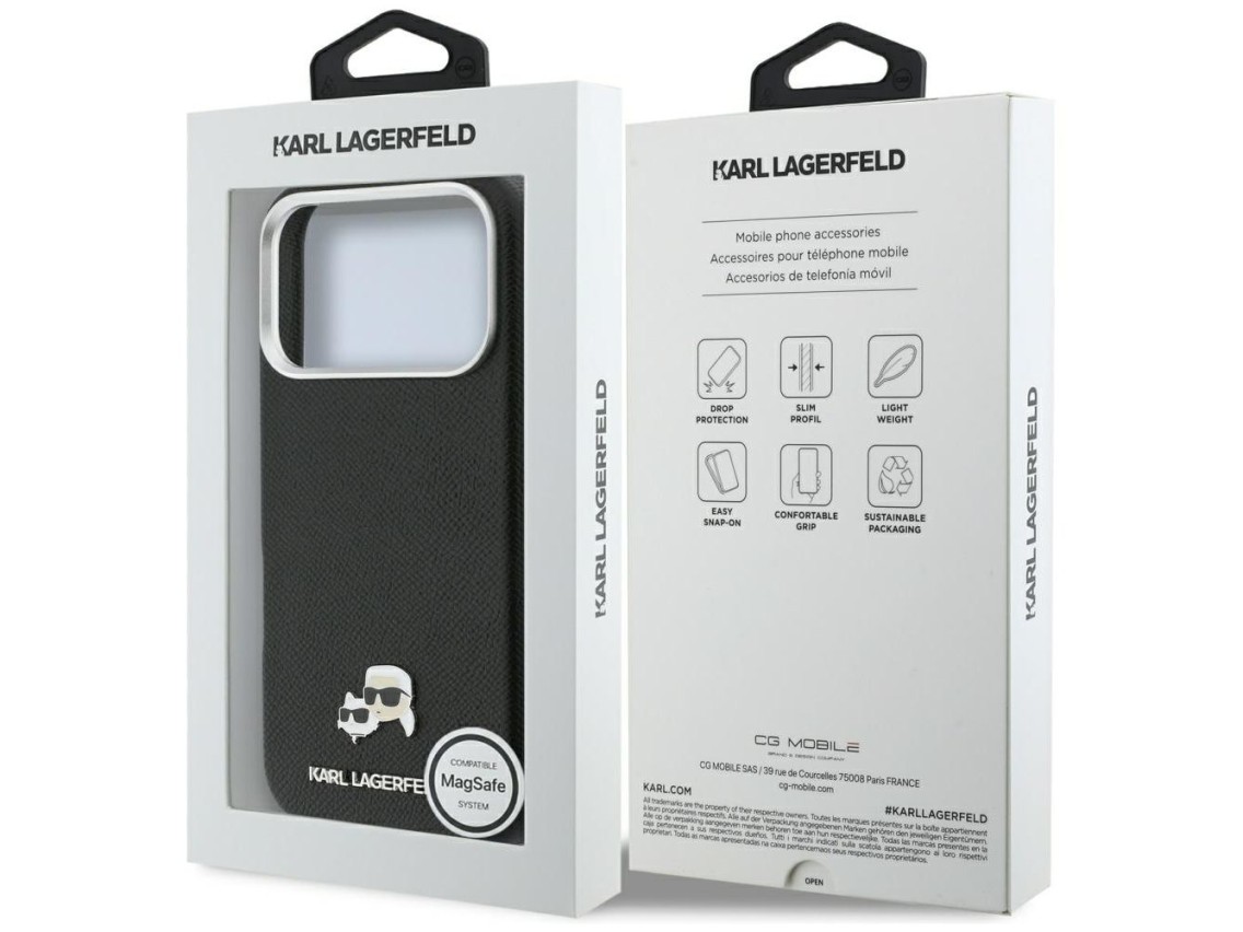Karl Lagerfeld Karl & Choupette Head Pins Saffiano MagSafe Case for iPhone 17 Pro Max - Black