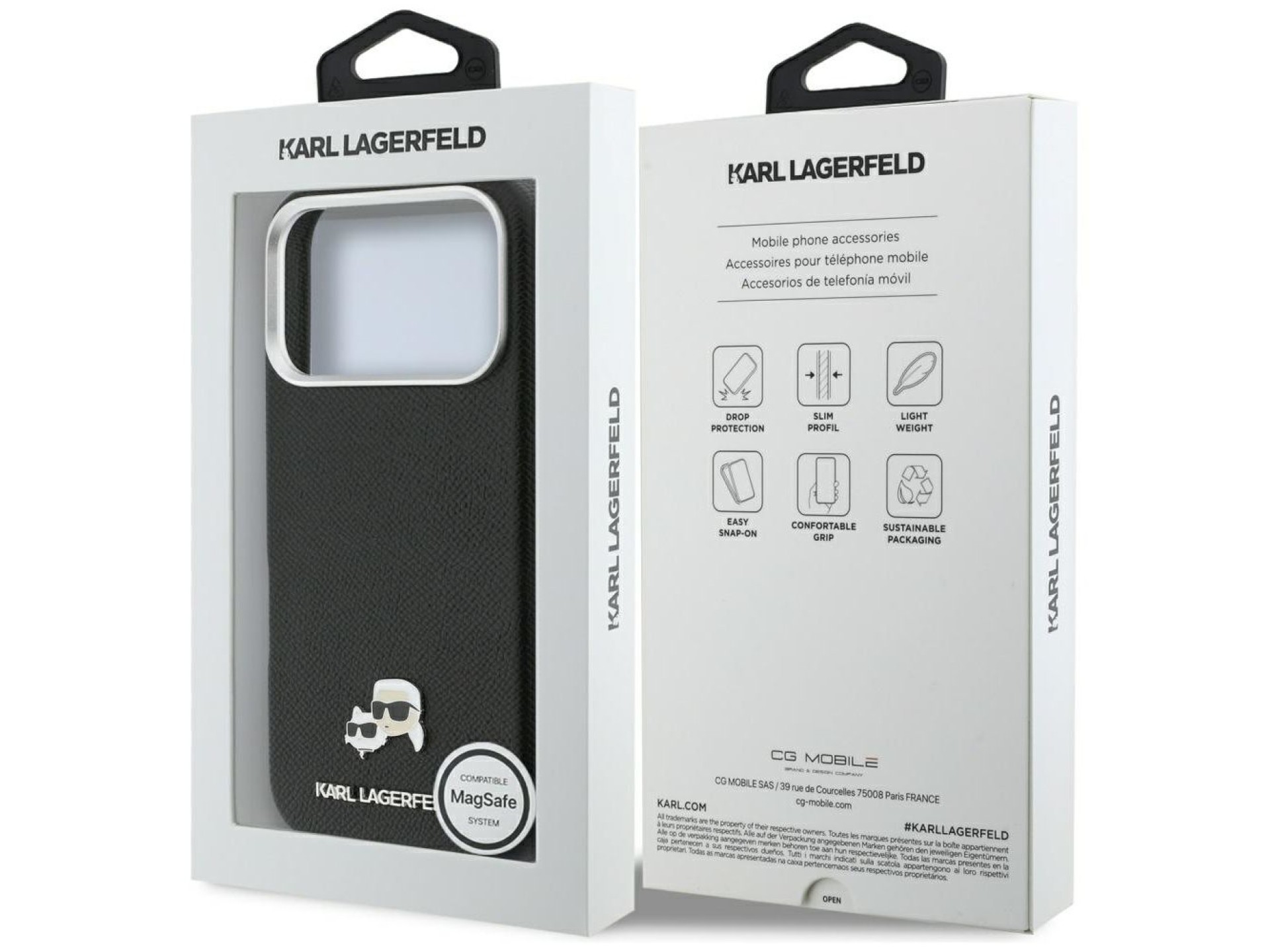 Karl Lagerfeld Karl & Choupette Head Pins Saffiano MagSafe Case for iPhone 17 Pro Max - Black