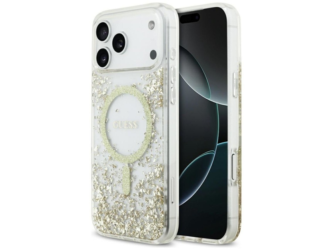 Capa MagSafe com Glitter e Base em Resina da Guess para iPhone 17 Pro Max - Dourada