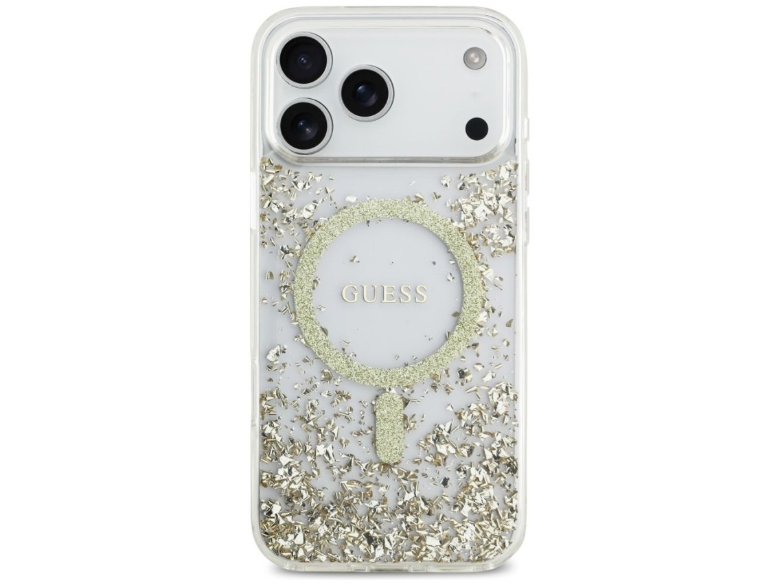 Capa MagSafe com Glitter e Base em Resina da Guess para iPhone 17 Pro Max - Dourada
