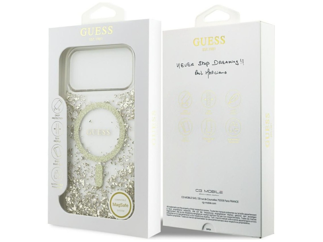 Capa MagSafe com Glitter e Base em Resina da Guess para iPhone 17 Pro Max - Dourada