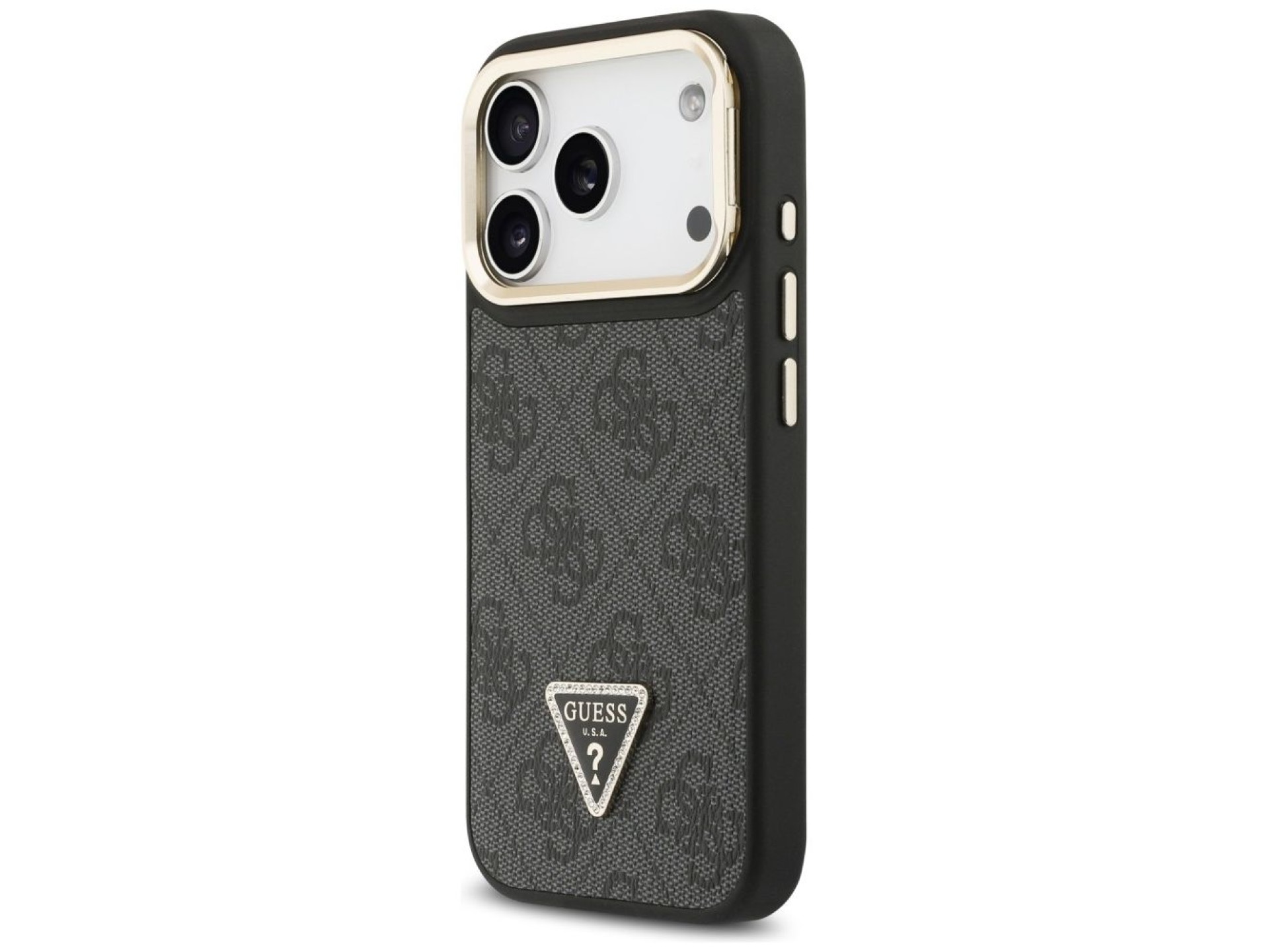 Capa Guess 4G PU com Logo Triangular, Suporte e Câmera MagSafe para iPhone 17 Pro - Preta