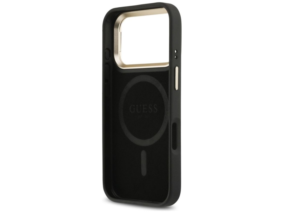 Capa Guess 4G PU com Logo Triangular, Suporte e Câmera MagSafe para iPhone 17 Pro - Preta