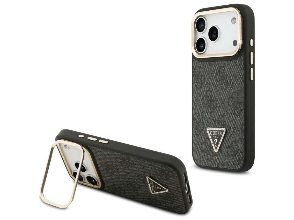 Capa Guess 4G PU com Logo Triangular, Suporte e Câmera MagSafe para iPhone 17 Pro - Preta