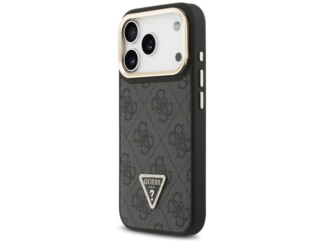 Capa Guess 4G PU com Logo Triangular, Suporte e Câmera MagSafe para iPhone 17 Pro - Preta