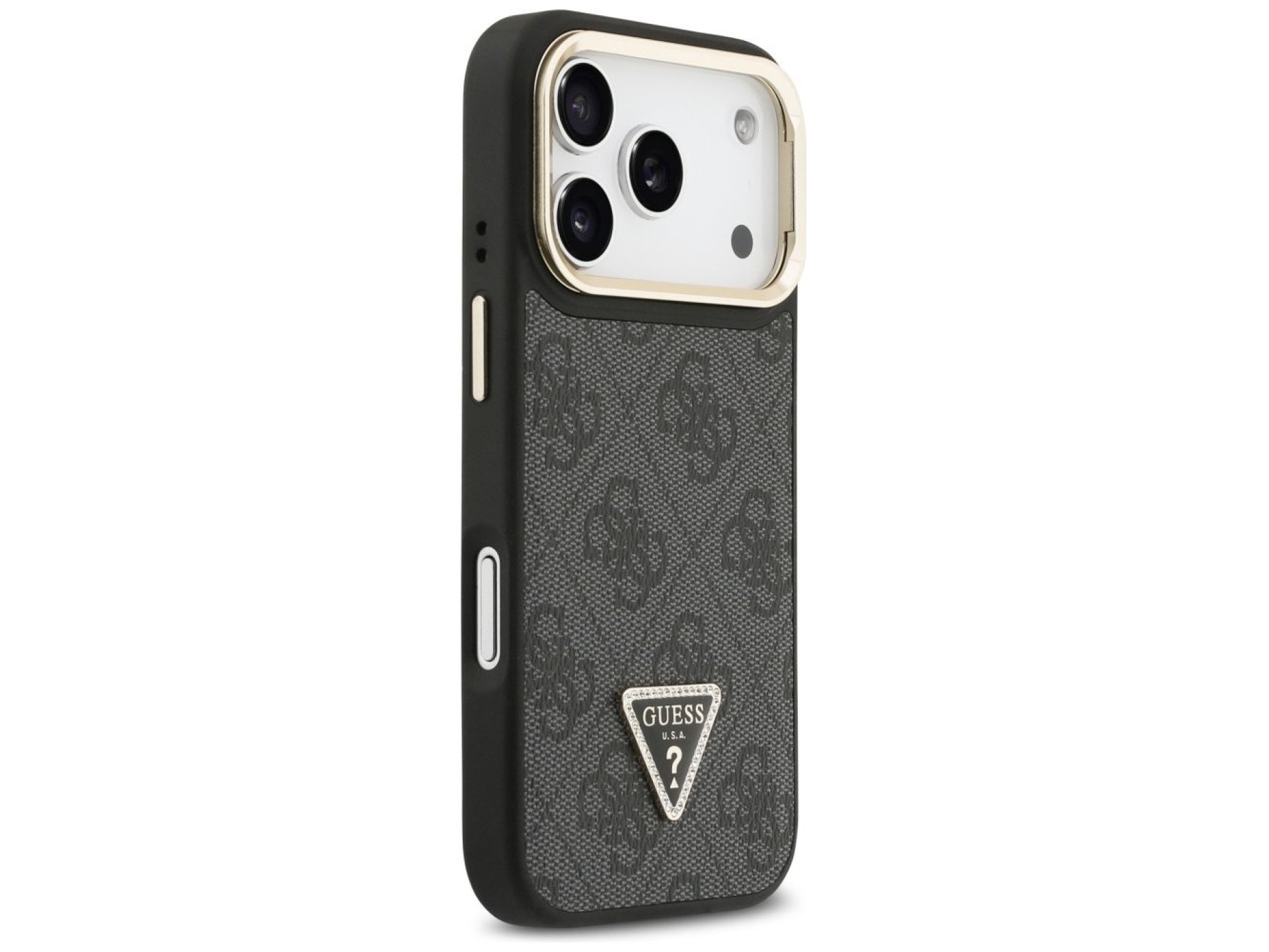 Capa Guess 4G PU com Logo Triangular, Suporte e Câmera MagSafe para iPhone 17 Pro - Preta
