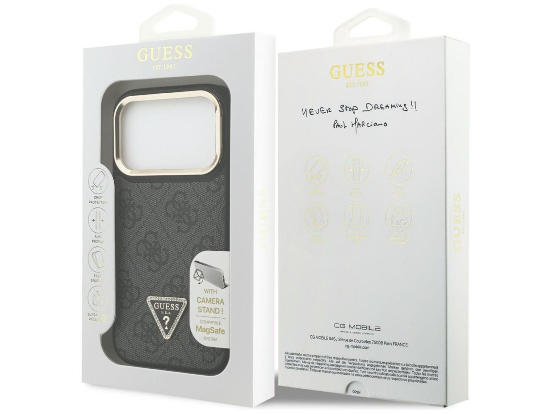 Capa Guess 4G PU com Logo Triangular, Suporte e Câmera MagSafe para iPhone 17 Pro - Preta