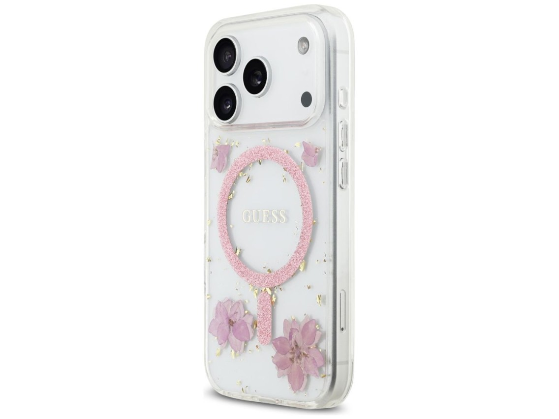Funda Guess Resin Flowers Glitter MagSafe para iPhone 17 Pro - Rosa