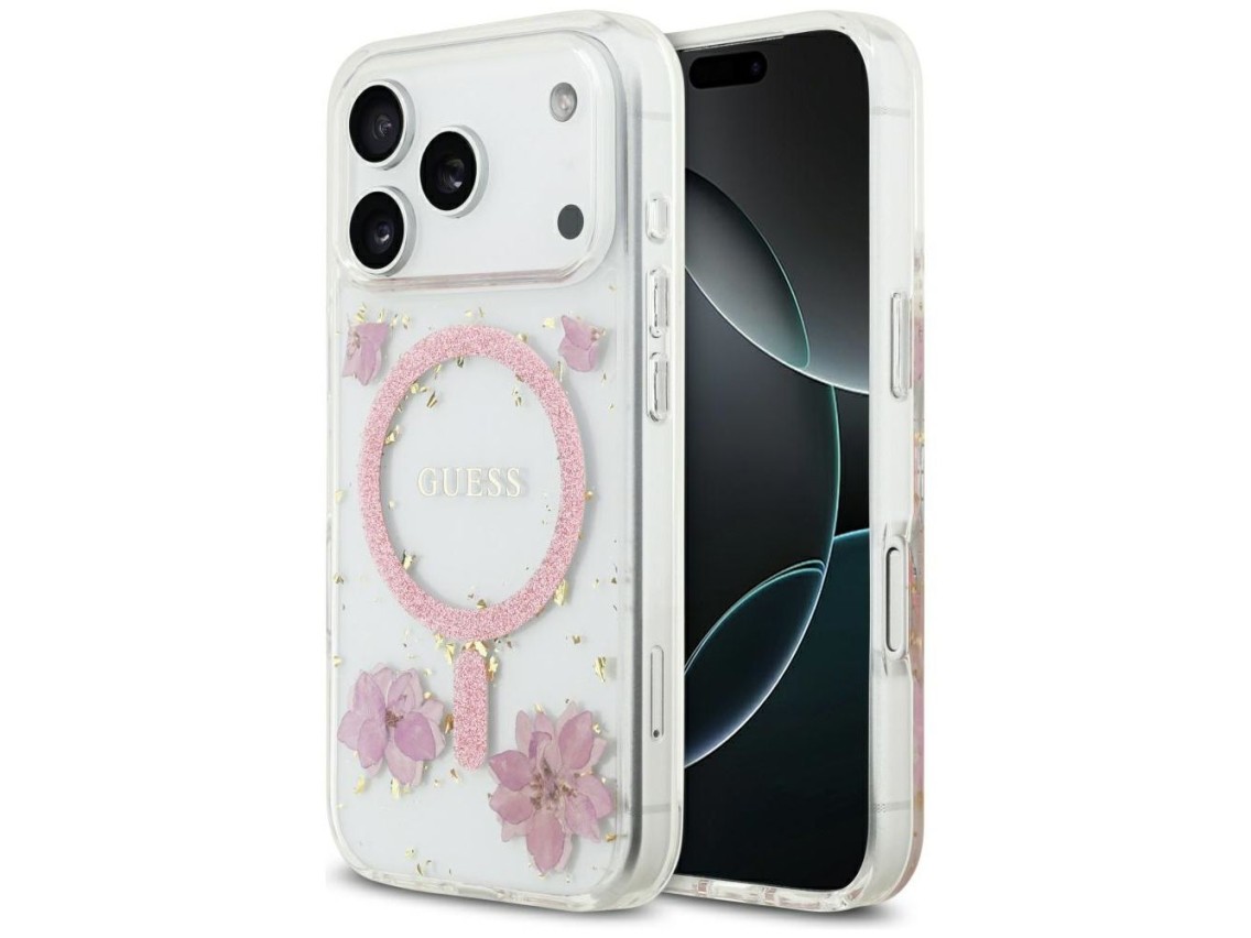 Funda Guess Resin Flowers Glitter MagSafe para iPhone 17 Pro - Rosa