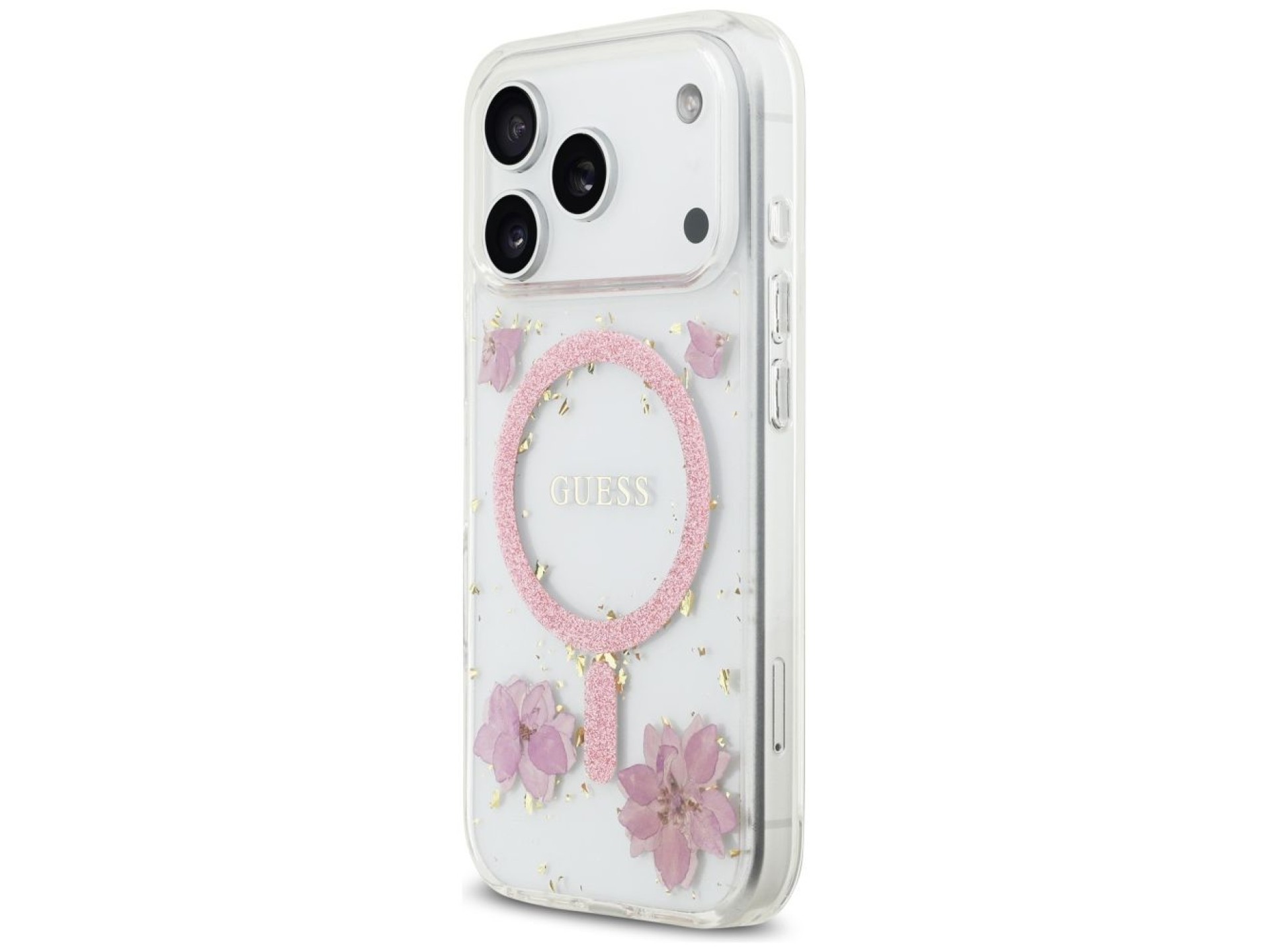Guess Resin Flowers Glitter MagSafe Case for iPhone 17 Pro - Pink
