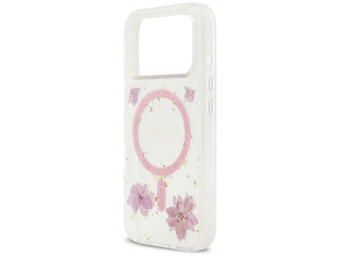 Funda Guess Resin Flowers Glitter MagSafe para iPhone 17 Pro - Rosa