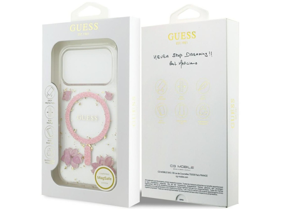 Funda Guess Resin Flowers Glitter MagSafe para iPhone 17 Pro - Rosa
