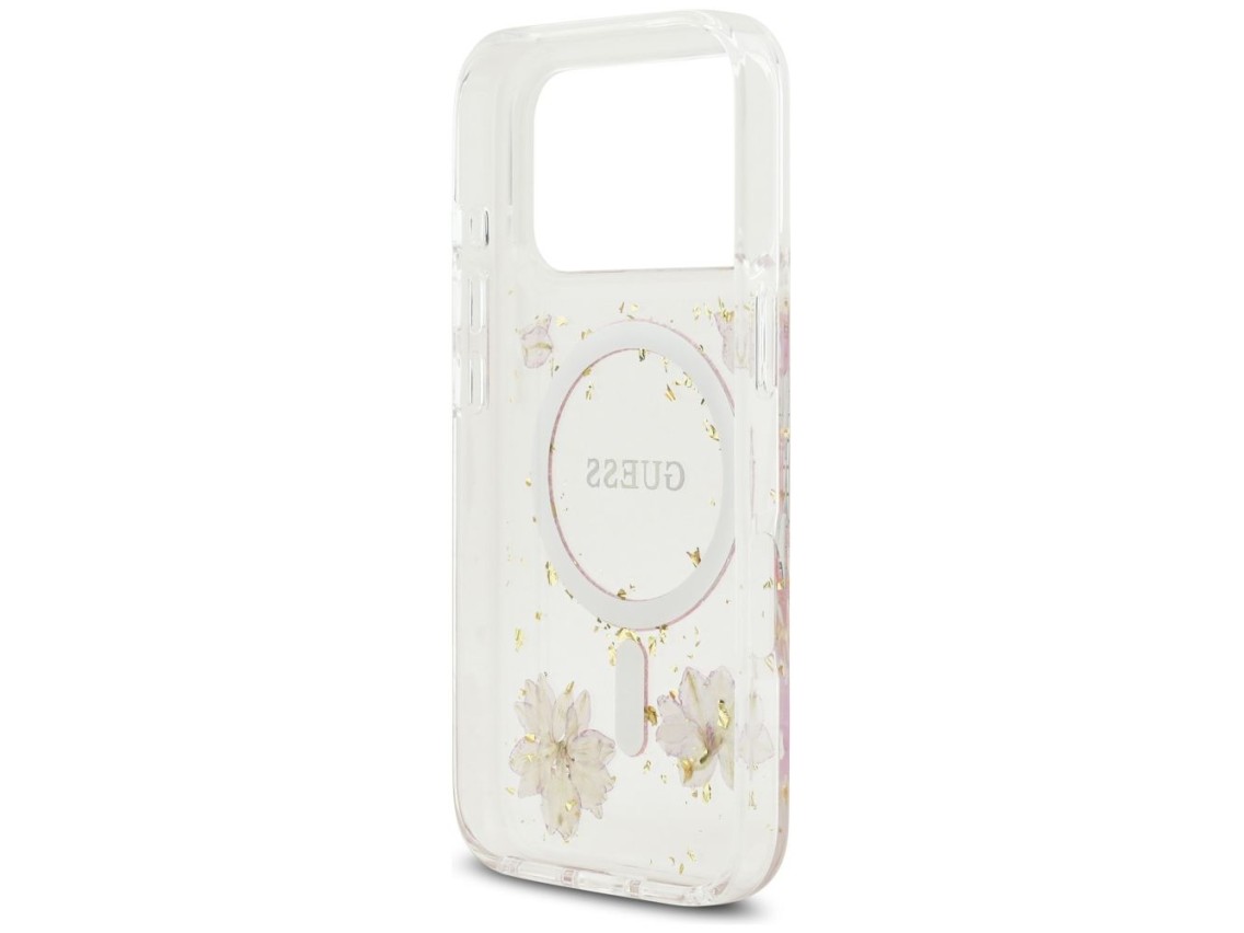 Funda Guess Resin Flowers Glitter MagSafe para iPhone 17 Pro - Rosa