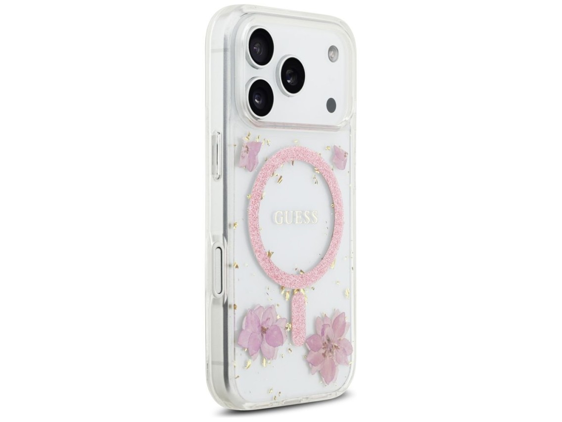 Funda Guess Resin Flowers Glitter MagSafe para iPhone 17 Pro - Rosa
