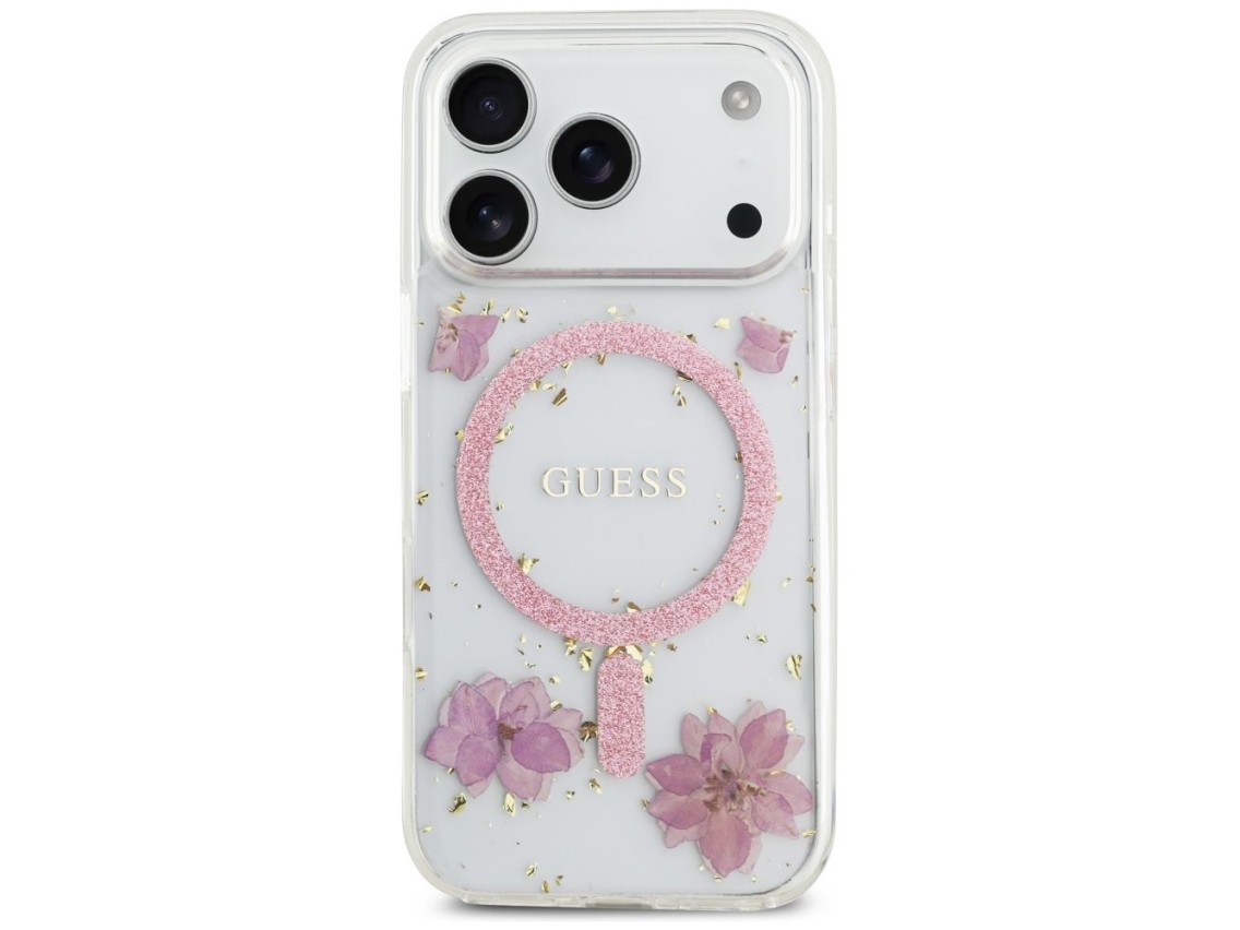Funda Guess Resin Flowers Glitter MagSafe para iPhone 17 Pro - Rosa